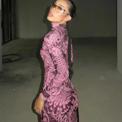 Mock Neck Mesh Print Maxi Dress