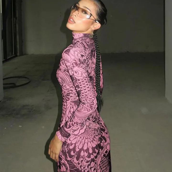 Mock Neck Mesh Print Maxi Dress