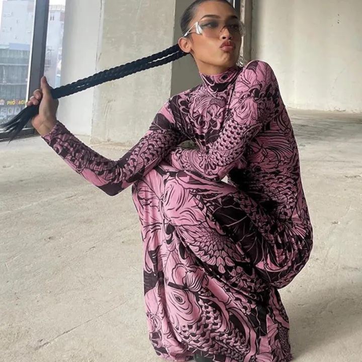 Mock Neck Mesh Print Maxi Dress