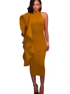 Mock Neck Sleeveless Ruffle Midi Dress