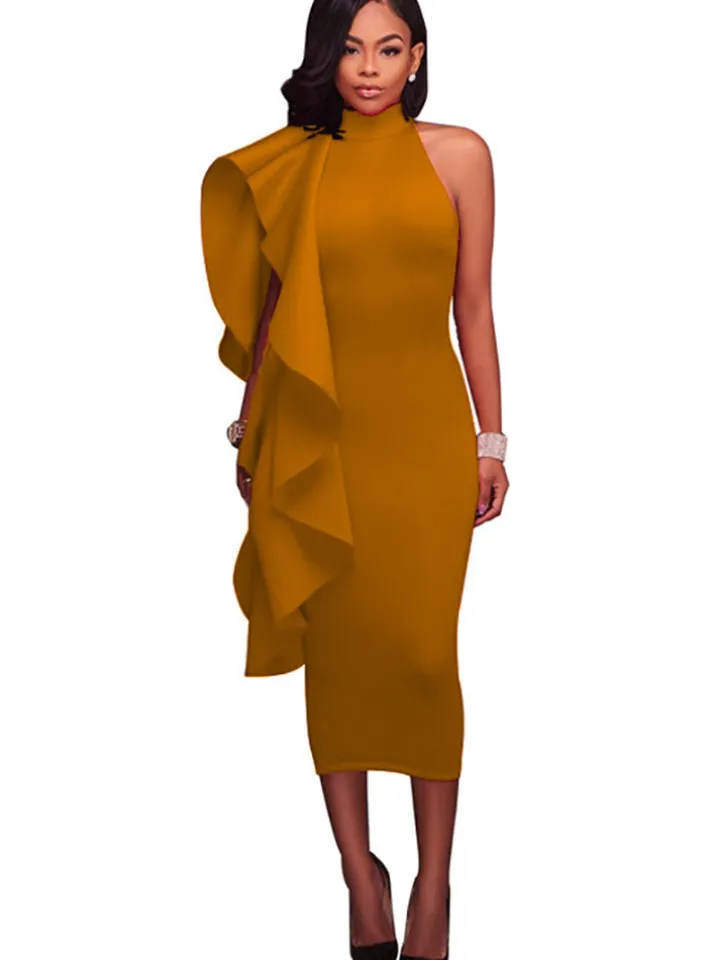 Mock Neck Sleeveless Ruffle Midi Dress