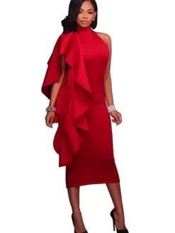 Mock Neck Sleeveless Ruffle Midi Dress