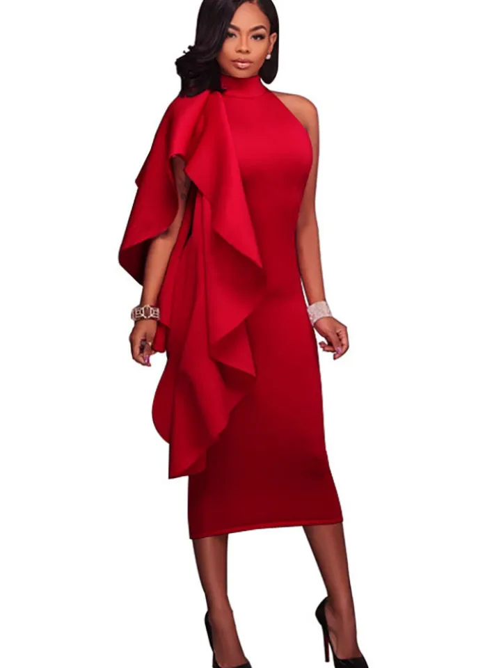 Mock Neck Sleeveless Ruffle Midi Dress