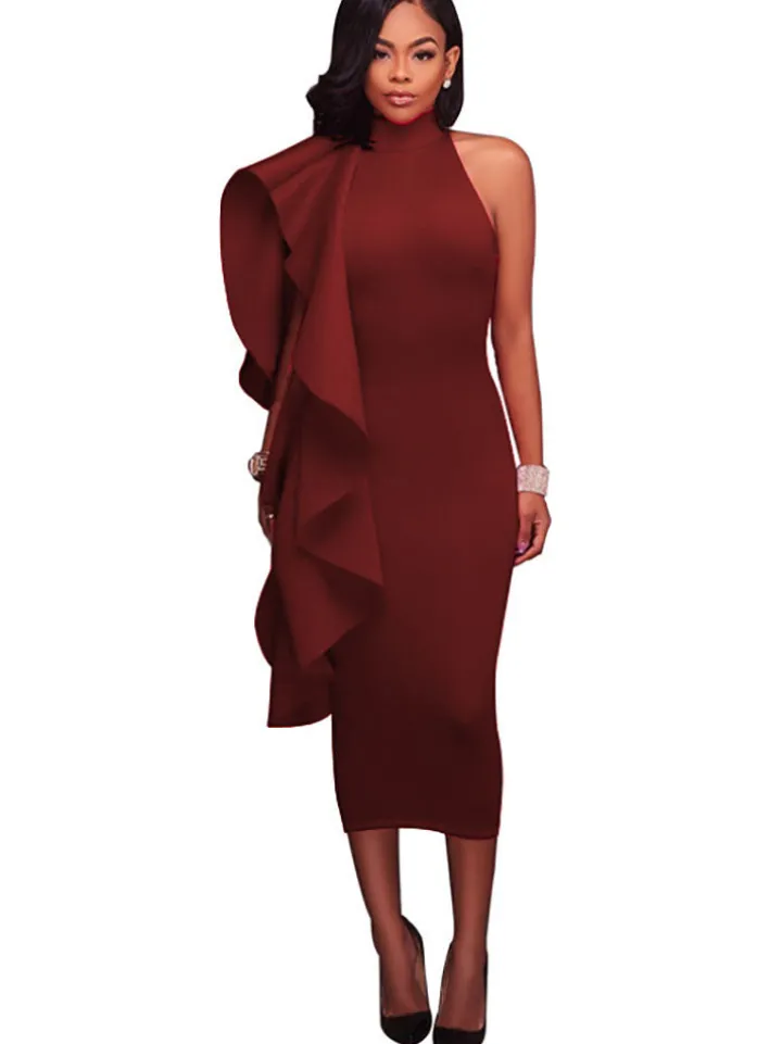 Mock Neck Sleeveless Ruffle Midi Dress