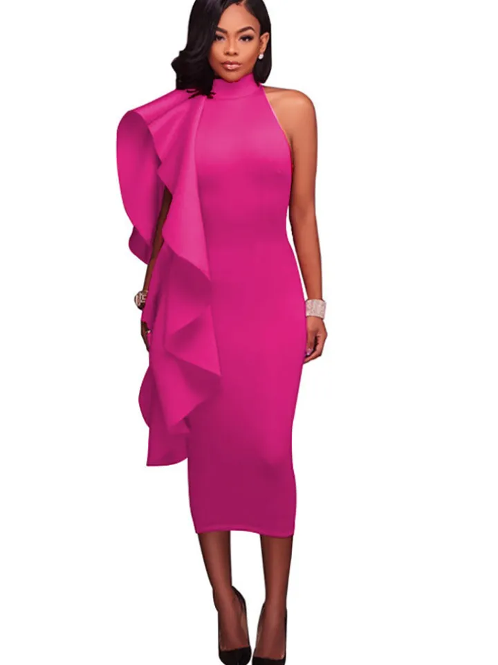 Mock Neck Sleeveless Ruffle Midi Dress