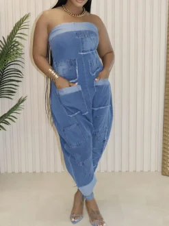 Multiple Pockets Denim Utility Jumpsuit