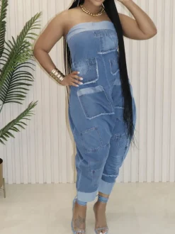 Multiple Pockets Denim Utility Jumpsuit