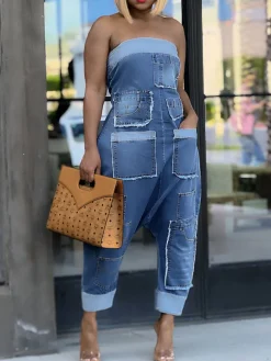 Multiple Pockets Denim Utility Jumpsuit