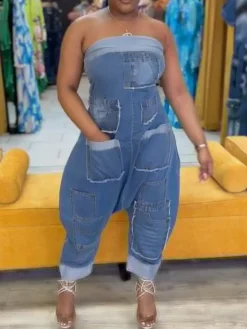 Multiple Pockets Denim Utility Jumpsuit