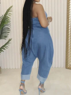 Multiple Pockets Denim Utility Jumpsuit