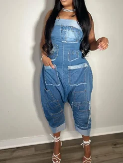 Multiple Pockets Denim Utility Jumpsuit