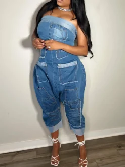 Multiple Pockets Denim Utility Jumpsuit