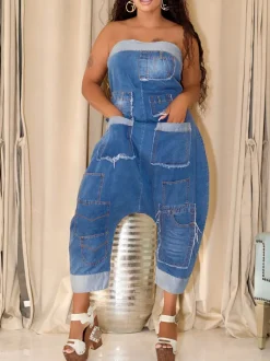 Multiple Pockets Denim Utility Jumpsuit