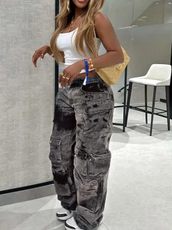 Multiple Pockets Washed Denim Cargo Jeans