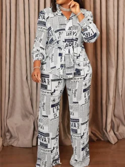 Newspaper Print Blazer Belted Pants Set
