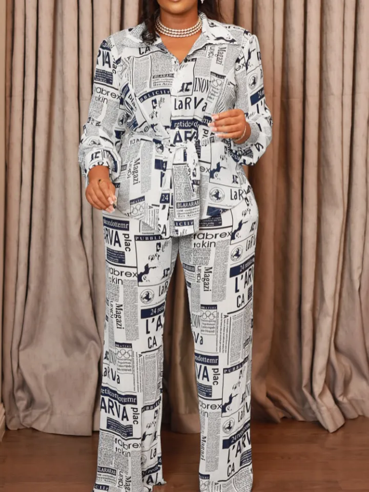 Newspaper Print Blazer Belted Pants Set