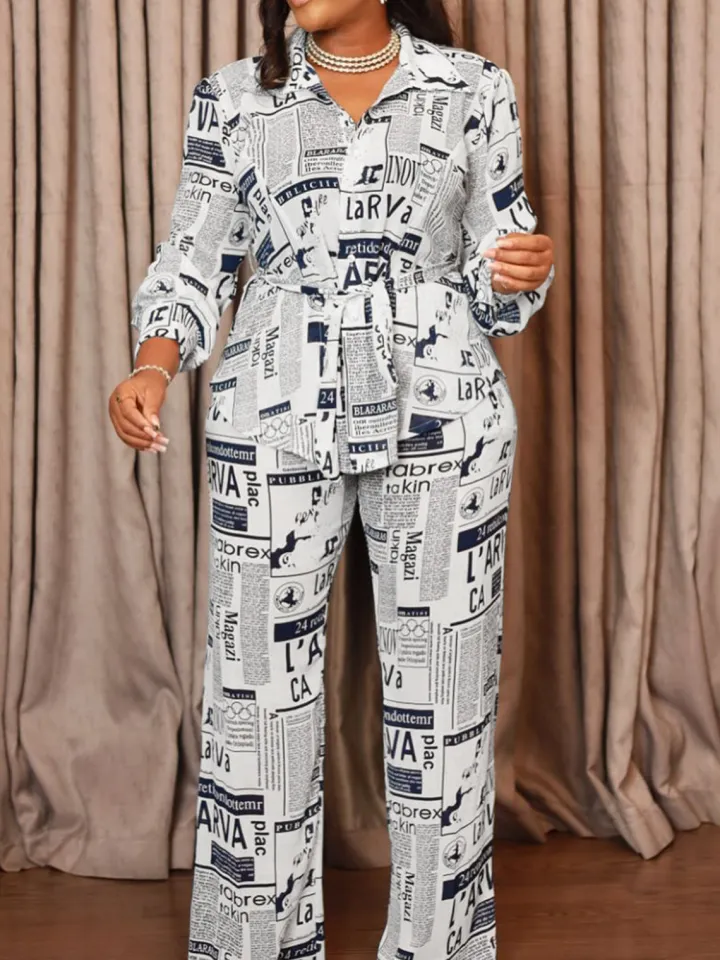 Newspaper Print Blazer Belted Pants Set