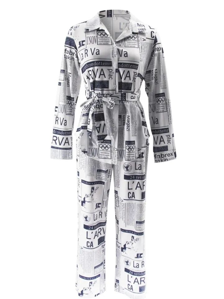 Newspaper Print Blazer Belted Pants Set