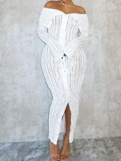 Off Shoulder Down Slit Bodycon Dress