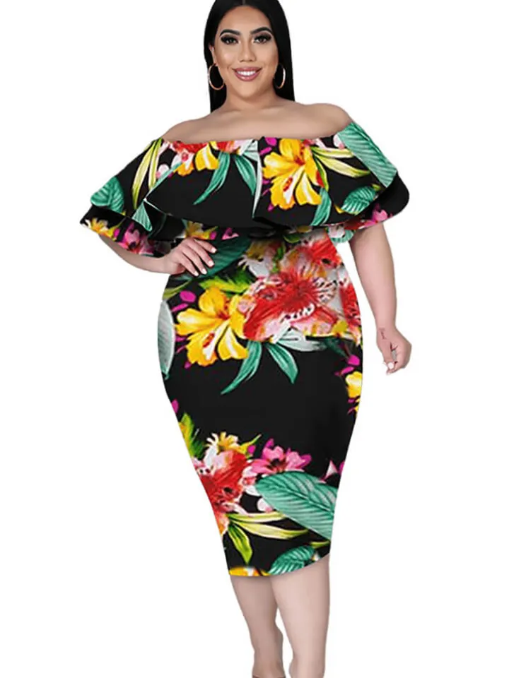 Off Shoulder Floral Print Bodycon Midi Dress