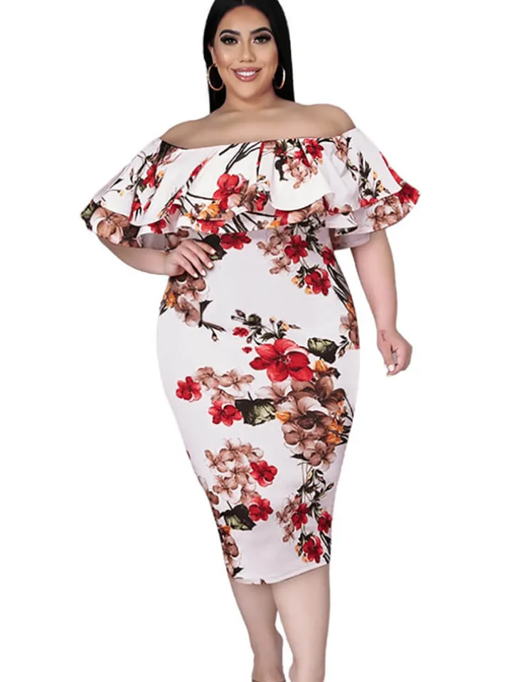 Off Shoulder Floral Print Bodycon Midi Dress