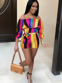 Off Shoulder Floral Print Belted Romper