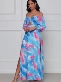 Off Shoulder Floral Print Flowy Maxi Dress