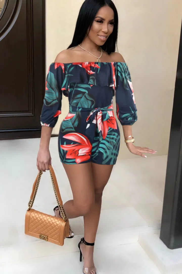 Off Shoulder Floral Rainbow Short Jumpsuit