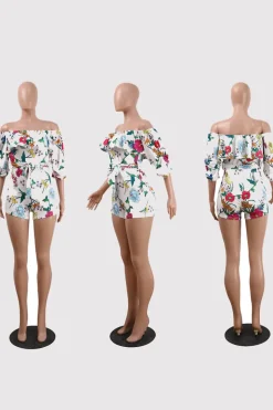 Off Shoulder Floral Rainbow Short Jumpsuit