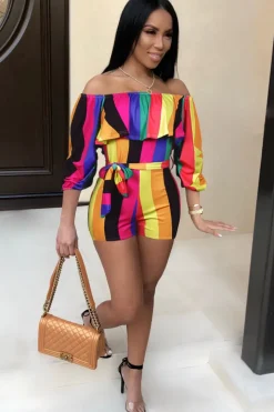 Off Shoulder Floral Rainbow Short Jumpsuit