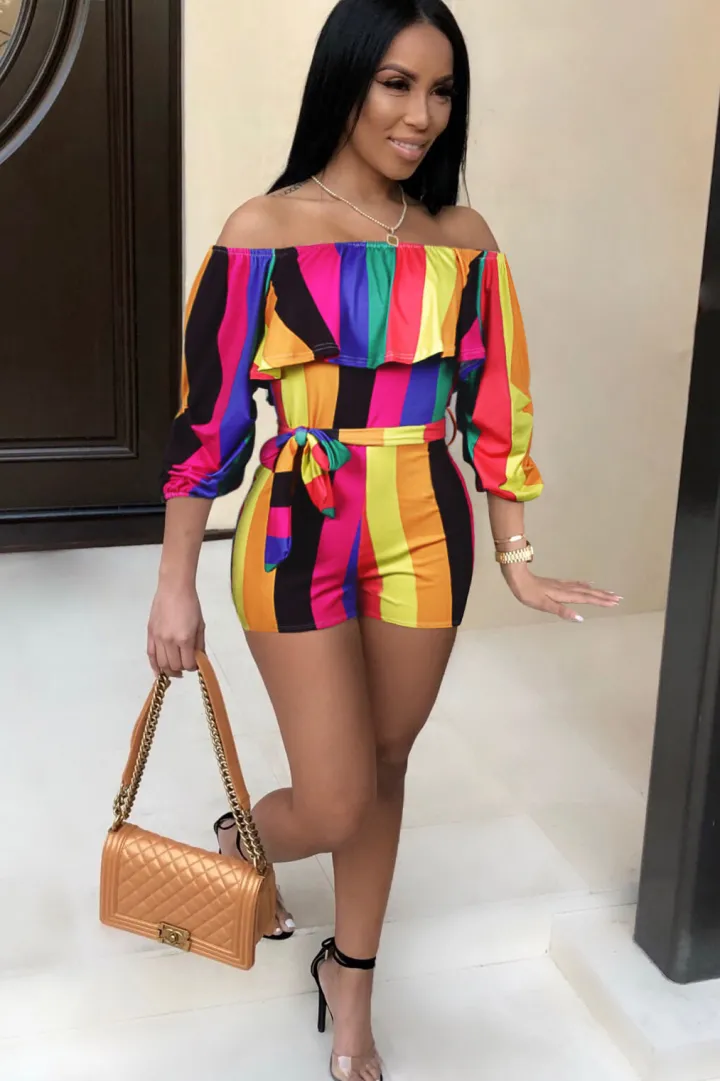 Off Shoulder Floral Rainbow Short Jumpsuit