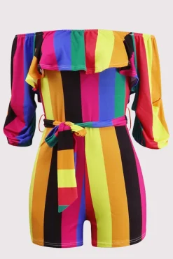 Off Shoulder Floral Rainbow Short Jumpsuit