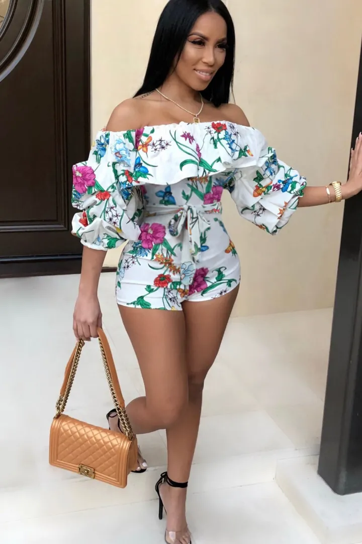 Off Shoulder Floral Rainbow Short Jumpsuit