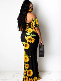 Off Shoulder Gradient Color Ruffle Floral Print Maxi Dress