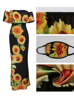 Off Shoulder Gradient Color Ruffle Floral Print Maxi Dress