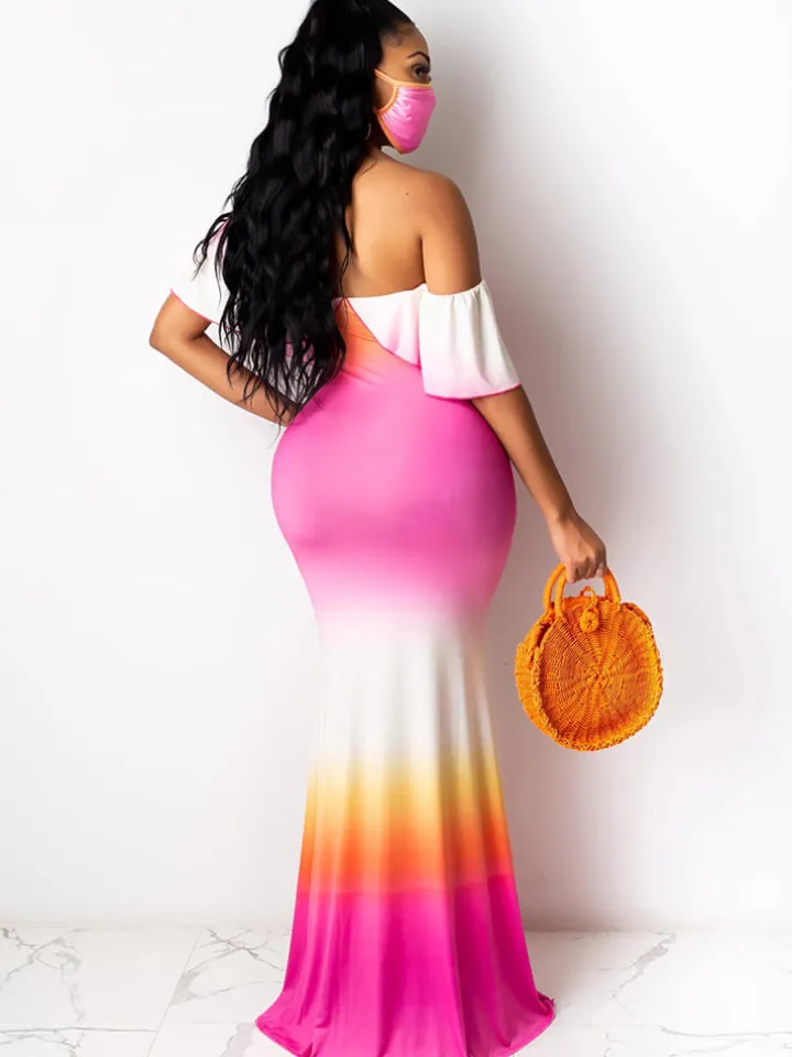 Off Shoulder Gradient Color Ruffle Floral Print Maxi Dress