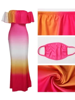 Off Shoulder Gradient Color Ruffle Floral Print Maxi Dress