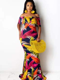 Off Shoulder Gradient Color Ruffle Floral Print Maxi Dress