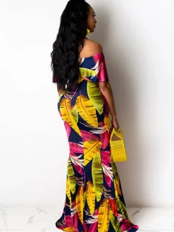 Off Shoulder Gradient Color Ruffle Floral Print Maxi Dress
