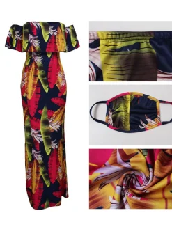 Off Shoulder Gradient Color Ruffle Floral Print Maxi Dress