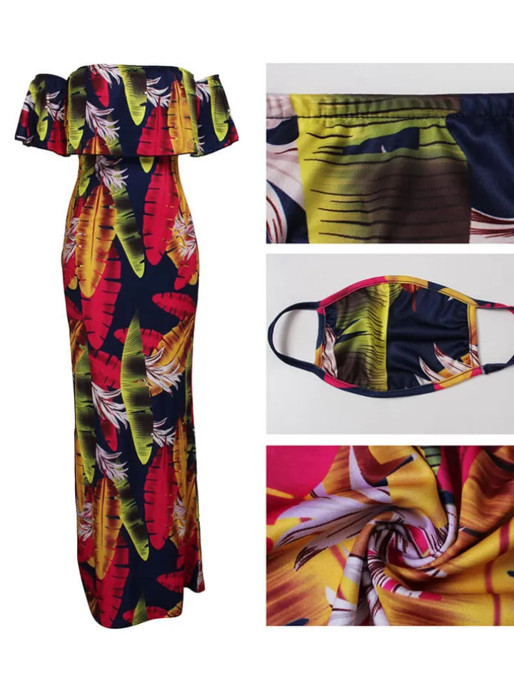 Off Shoulder Gradient Color Ruffle Floral Print Maxi Dress