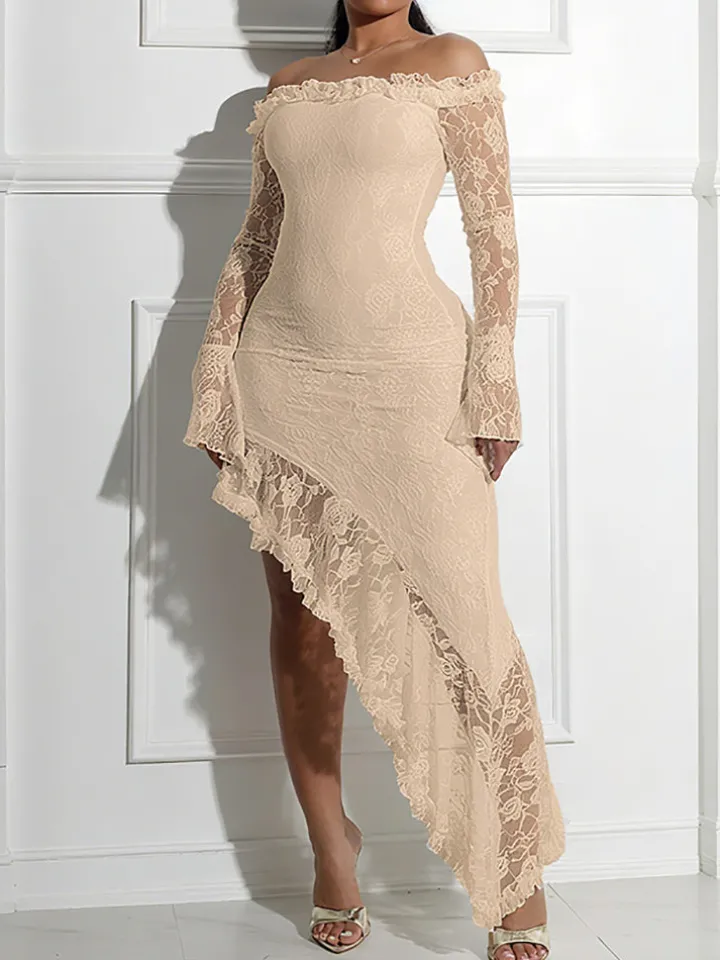 Off Shoulder Lace Asymmetric Ruffle Dress