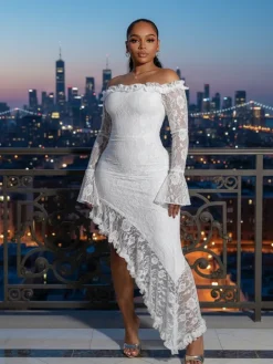 Off Shoulder Lace Asymmetric Ruffle Dress