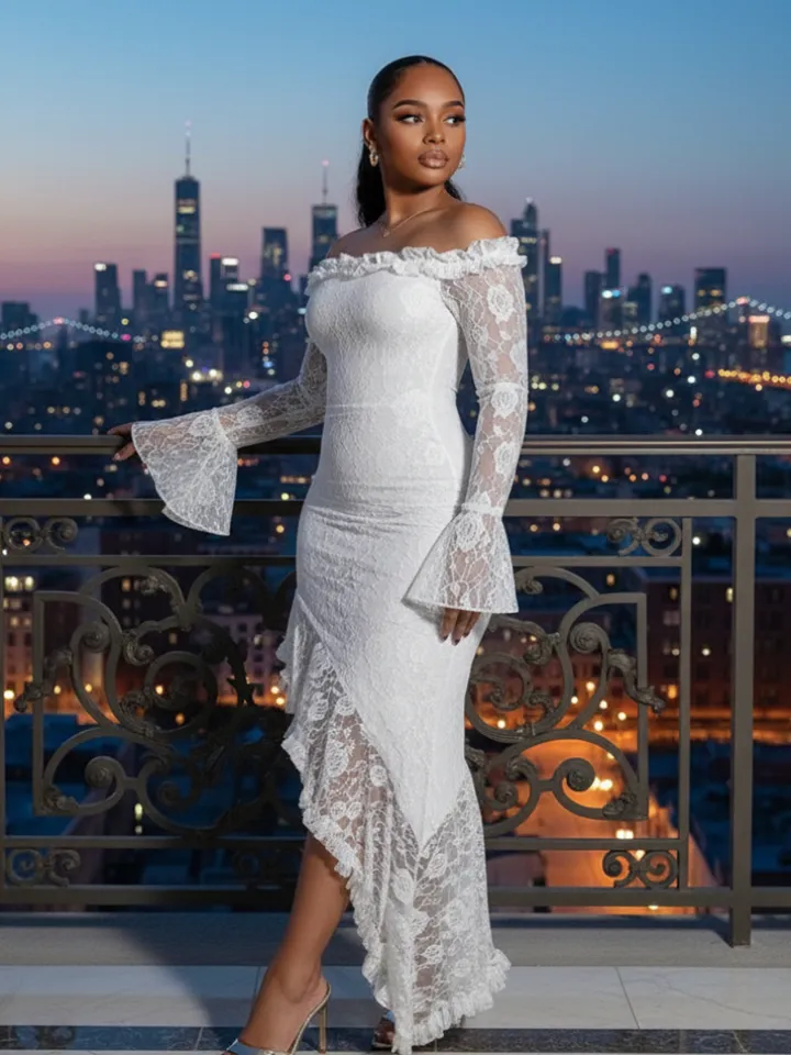 Off Shoulder Lace Asymmetric Ruffle Dress