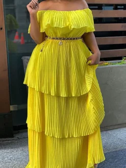 Off Shoulder Layered Pleated Plus Size Maxi Dress