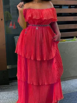 Off Shoulder Layered Pleated Plus Size Maxi Dress