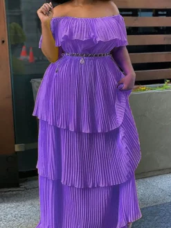 Off Shoulder Layered Pleated Plus Size Maxi Dress