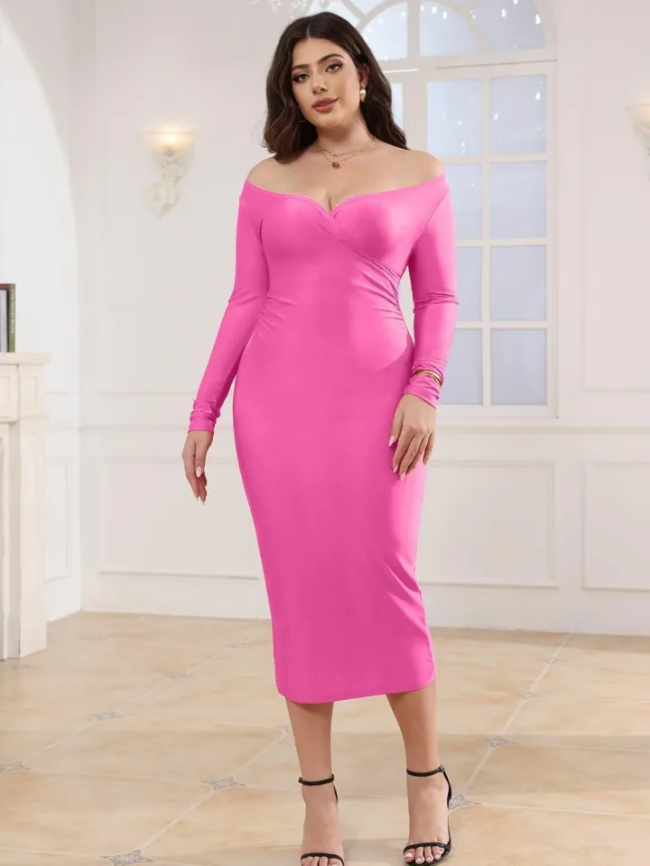 Off Shoulder Long Sleeve Midi Dress