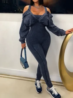 Off Shoulder Long Sleeve Ribbed Jumpsuit