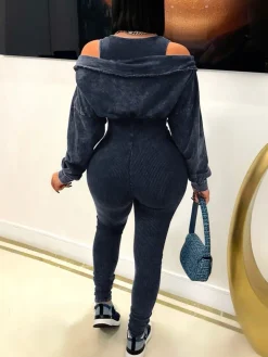 Off Shoulder Long Sleeve Ribbed Jumpsuit